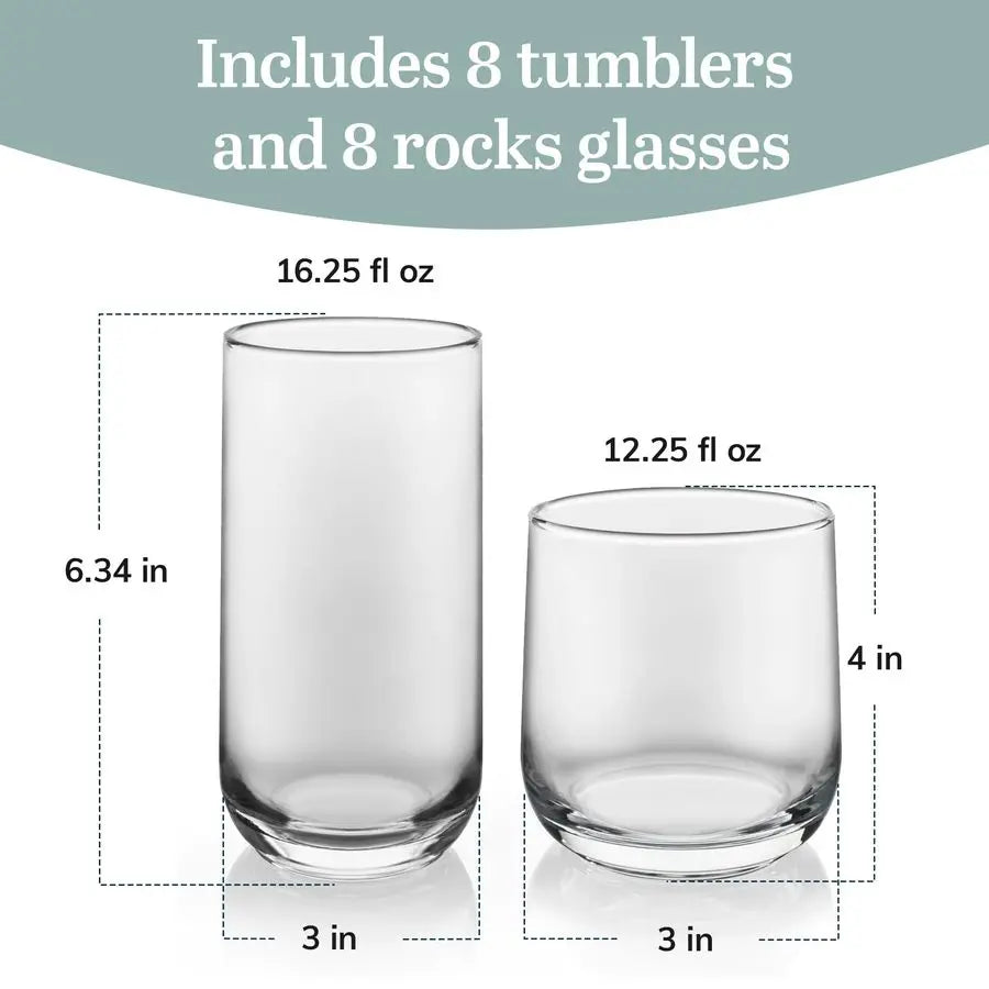 Versatile 16 Piece Glass Set With Eight 16 Ounce Tumblers And Eight 13 Ounce Rocks Glasses For Parties