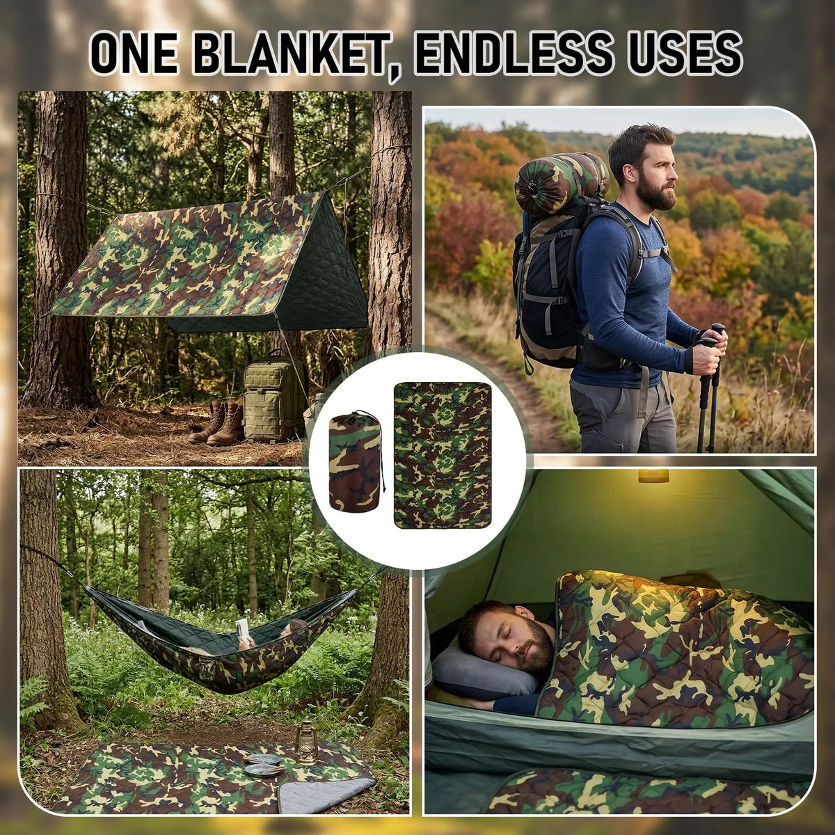 Portable Quilted Camping Blanket Green Camo Survival Poncho Liner】【。
