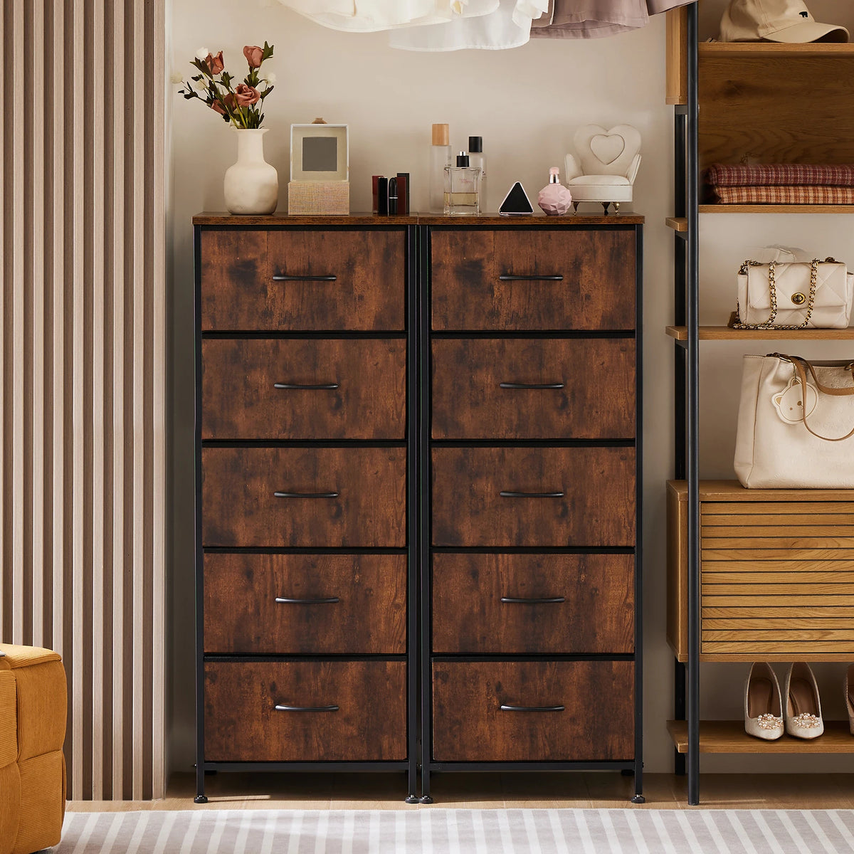 JHK Five Drawer Fabric Dresser Tall Bedroom Storage Organizer