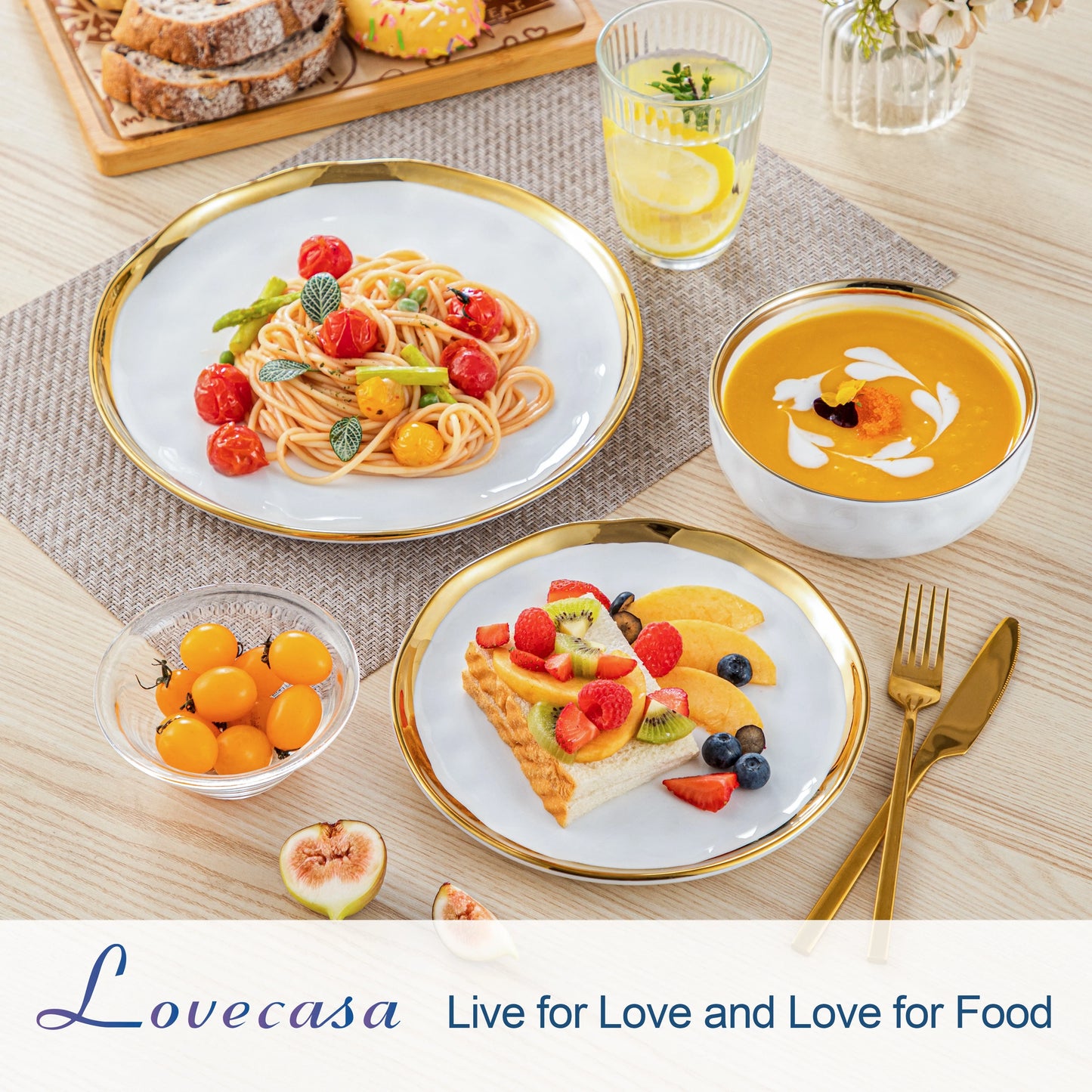 LOVECASA 12/24 Piece Ceramic Porcelain White and Golden Rim Dinnerware Sets With 4/8 PCS Dinner Plate/Dessert/Cereal Bowl for 4