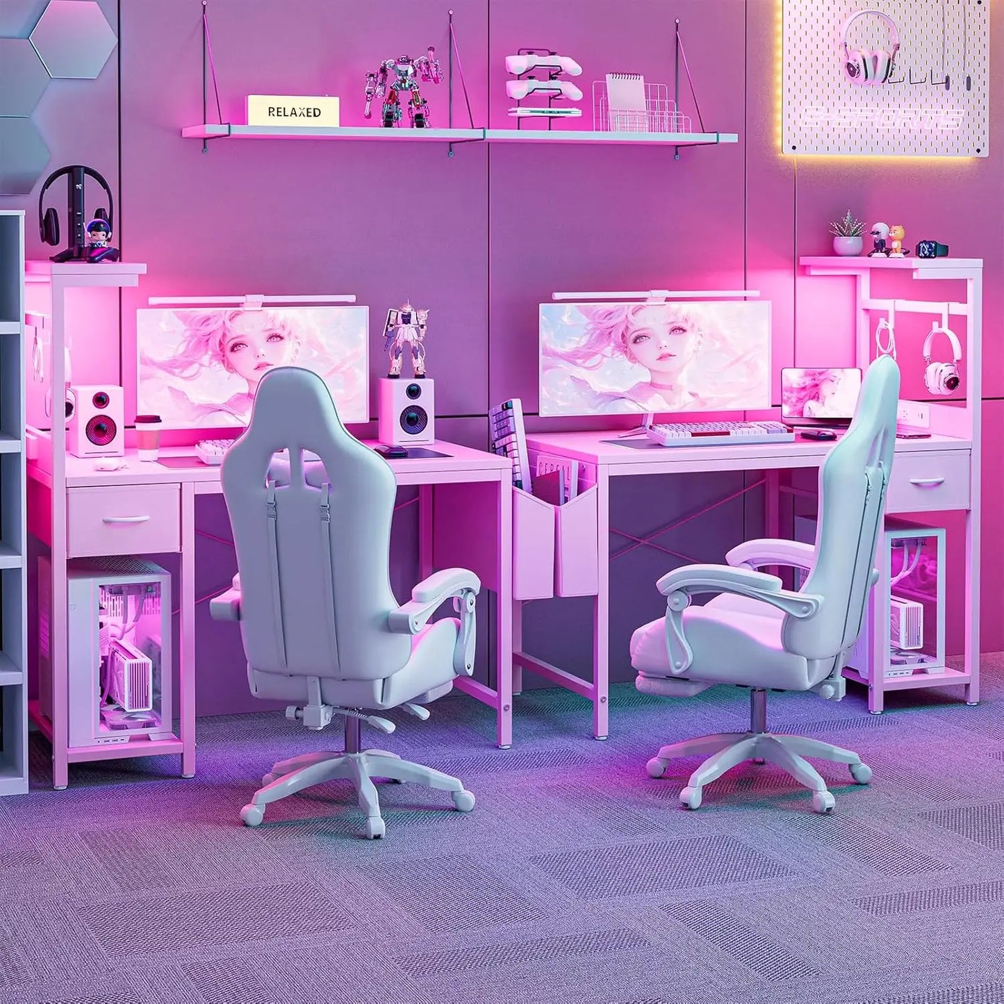 40-inch Gaming Desk with Power Outlet, LED Lights, Reversible Shelves, and Storage Drawer for Home Office