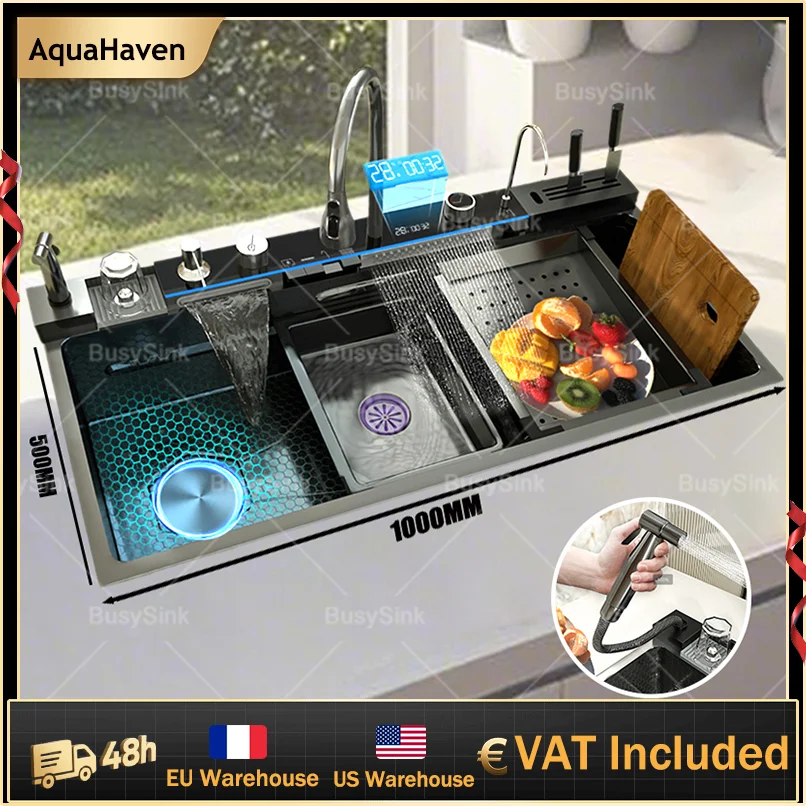 Stainless Steel Waterfall Kitchen Sink Digital Display Large Single Slot Dishwashing Sinks Overseas Warehouse Shipping