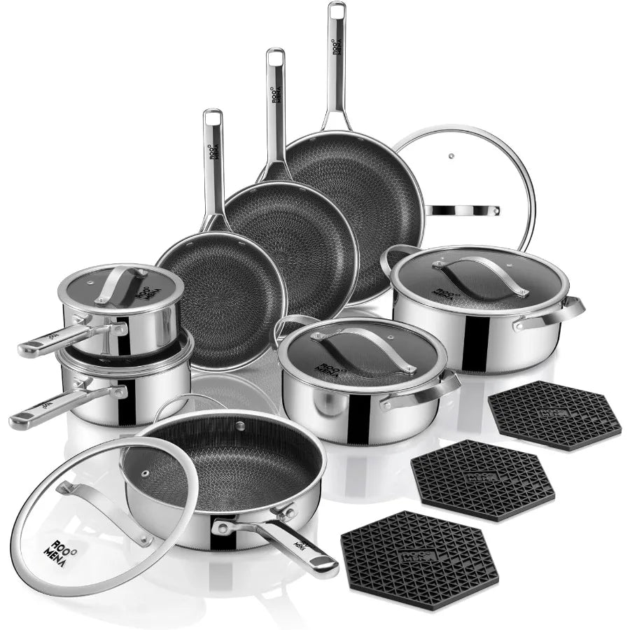 Pots and Pans Set Hybrid Stainless Steel 17PC Nonstick TriPly Cookware Set w Frying pan Dishwasher and Oven Safe PFOAFree Metal