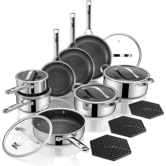 Pots and Pans Set Hybrid Stainless Steel 17PC Nonstick TriPly Cookware Set w Frying pan Dishwasher and Oven Safe PFOAFree Metal