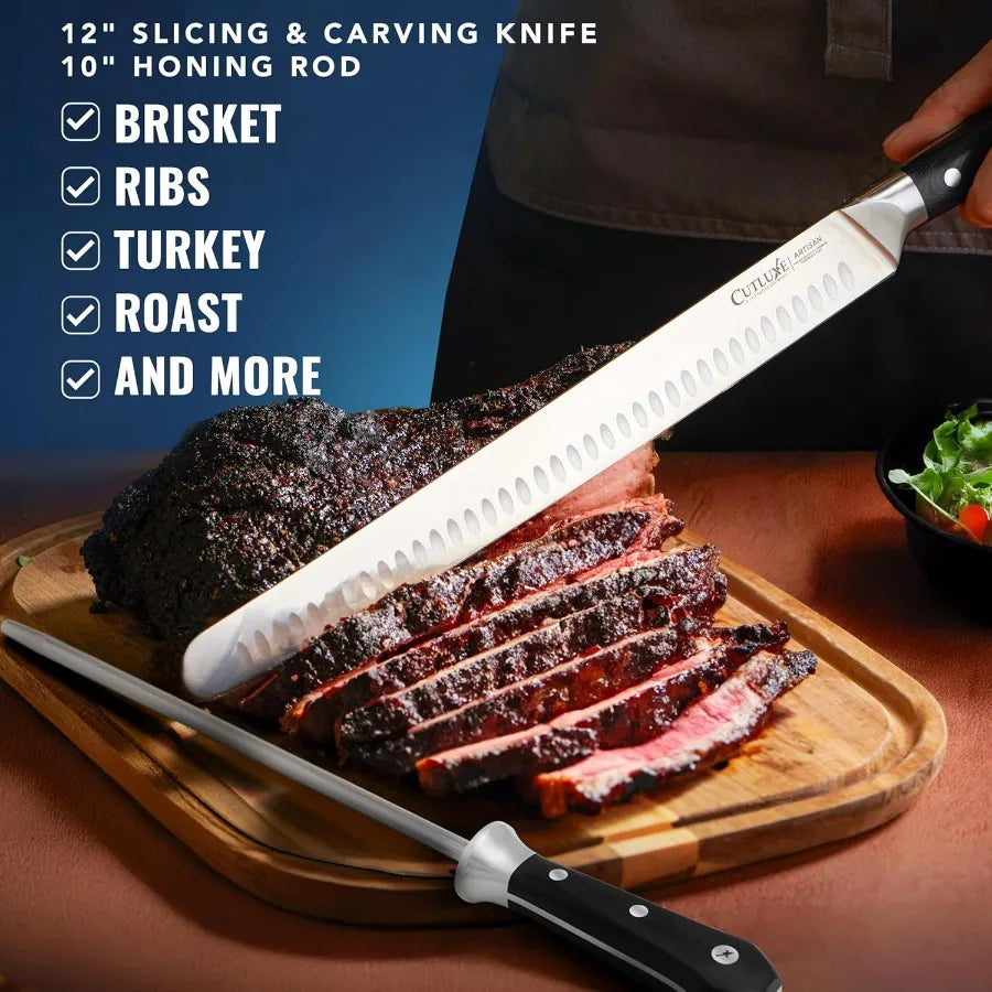 Premium Barbecue Grilling Carving Set Brisket Knife GermanHighCarbonSteel HoningRod