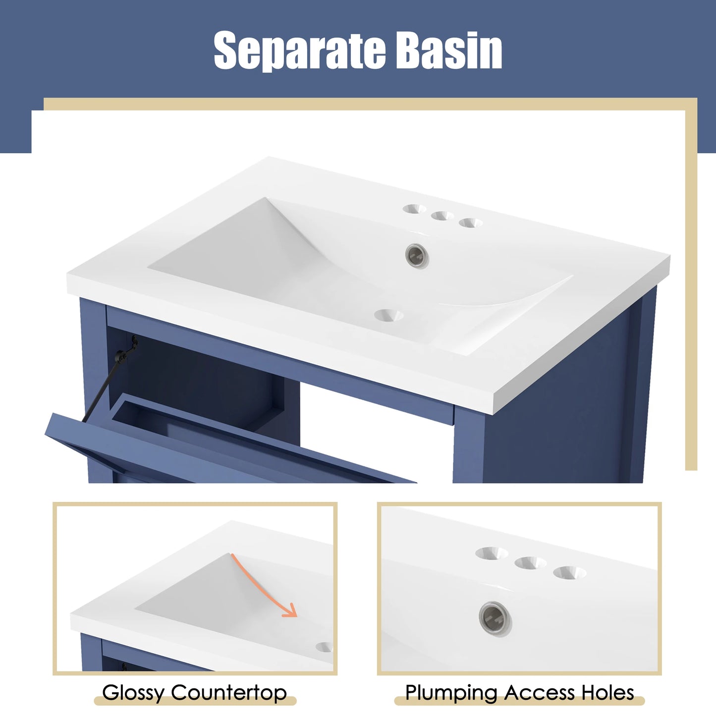 SH.KL 24'' Bathroom Vanity with Top Sink, Free Standing Single Basin Vanity Set with 2 Drawers, Wooden Bathroom Cabinet, Blue