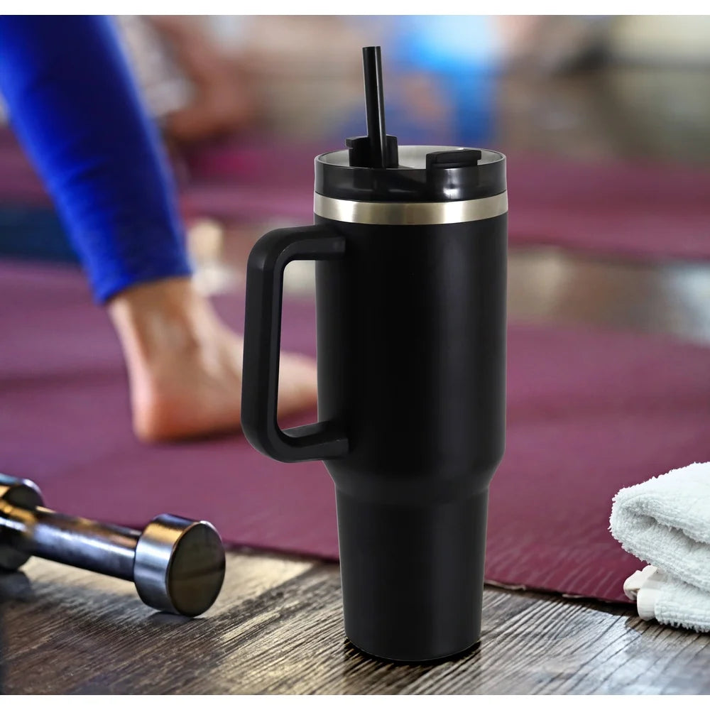 NONEDrinkware Stainless Steel Tumbler With Straw Handle DoubleWalledInsulatedHydration