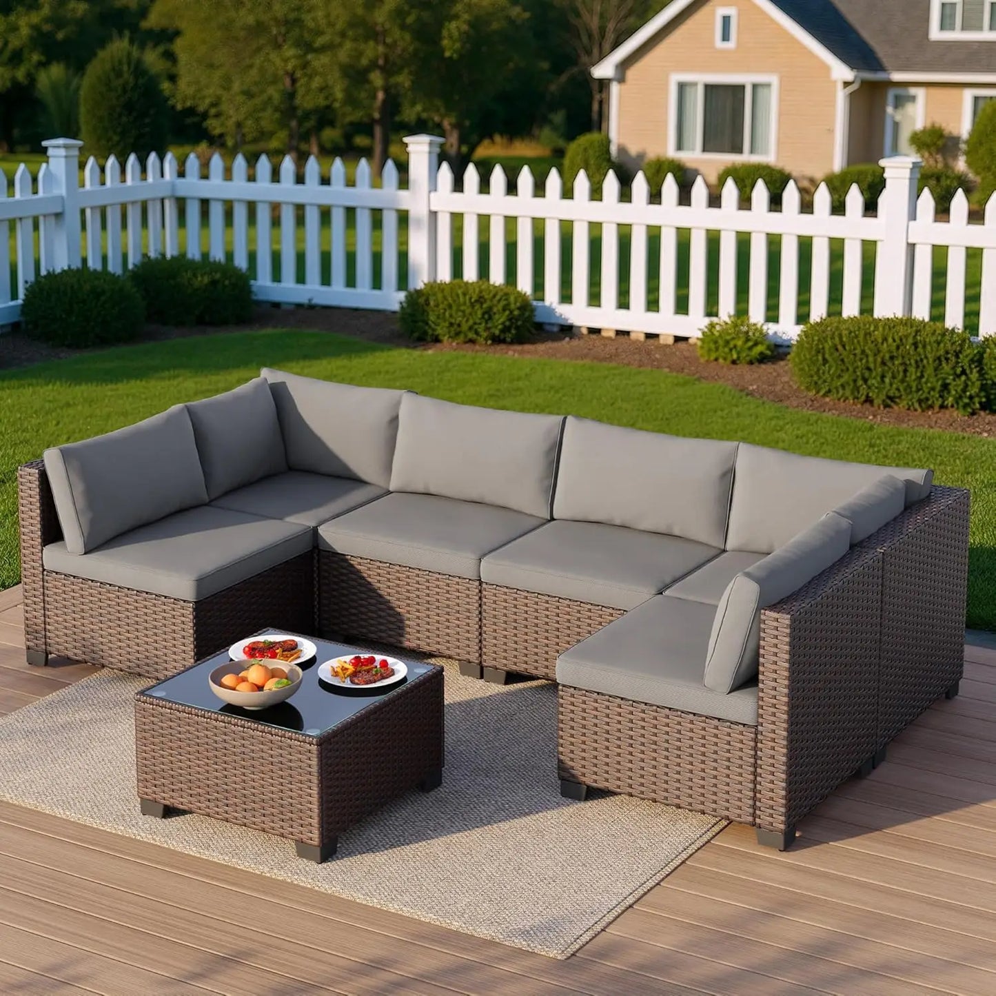 7 Pieces Outdoor Patio Furniture Set, PE Rattan Outdoor Wicker Sectional Furniture Sofa Set, with Cushions and, Customized