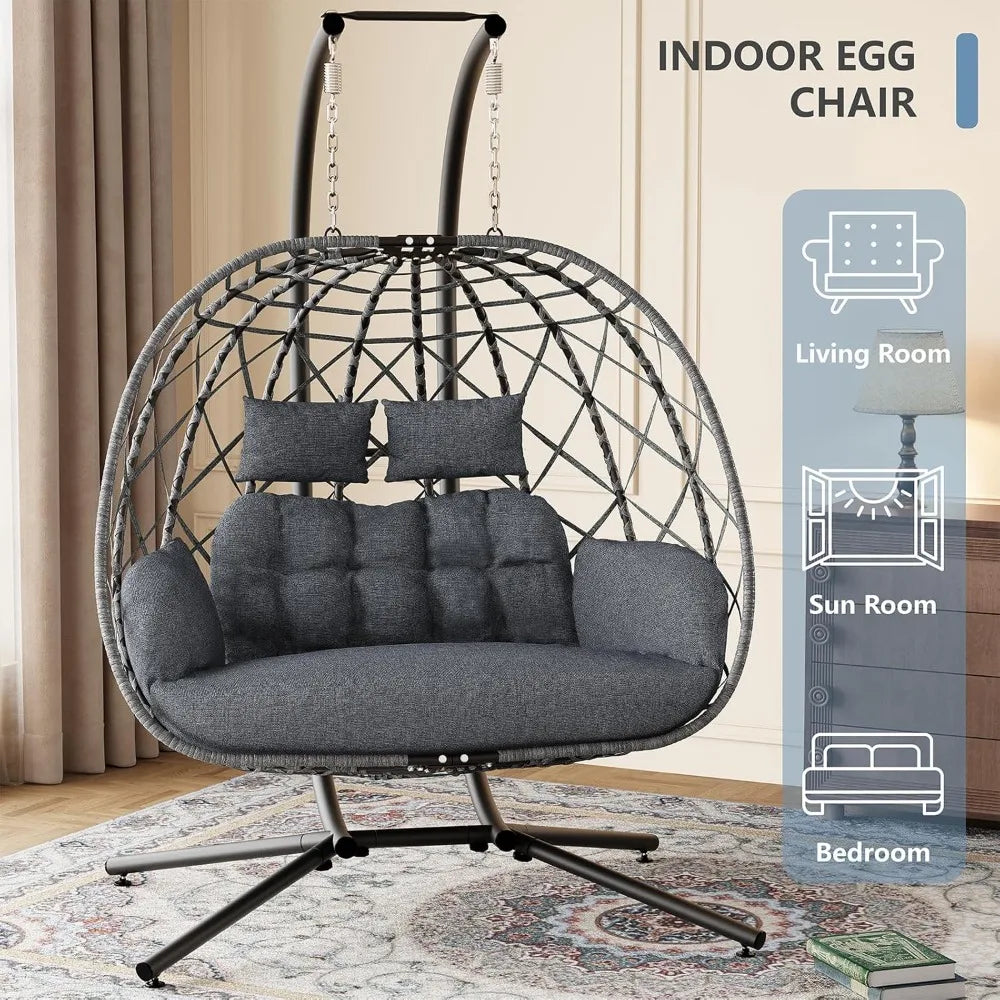 Double Egg Swing Chair With Stand Cushioned Outdoor Indoor Hammock For Two People