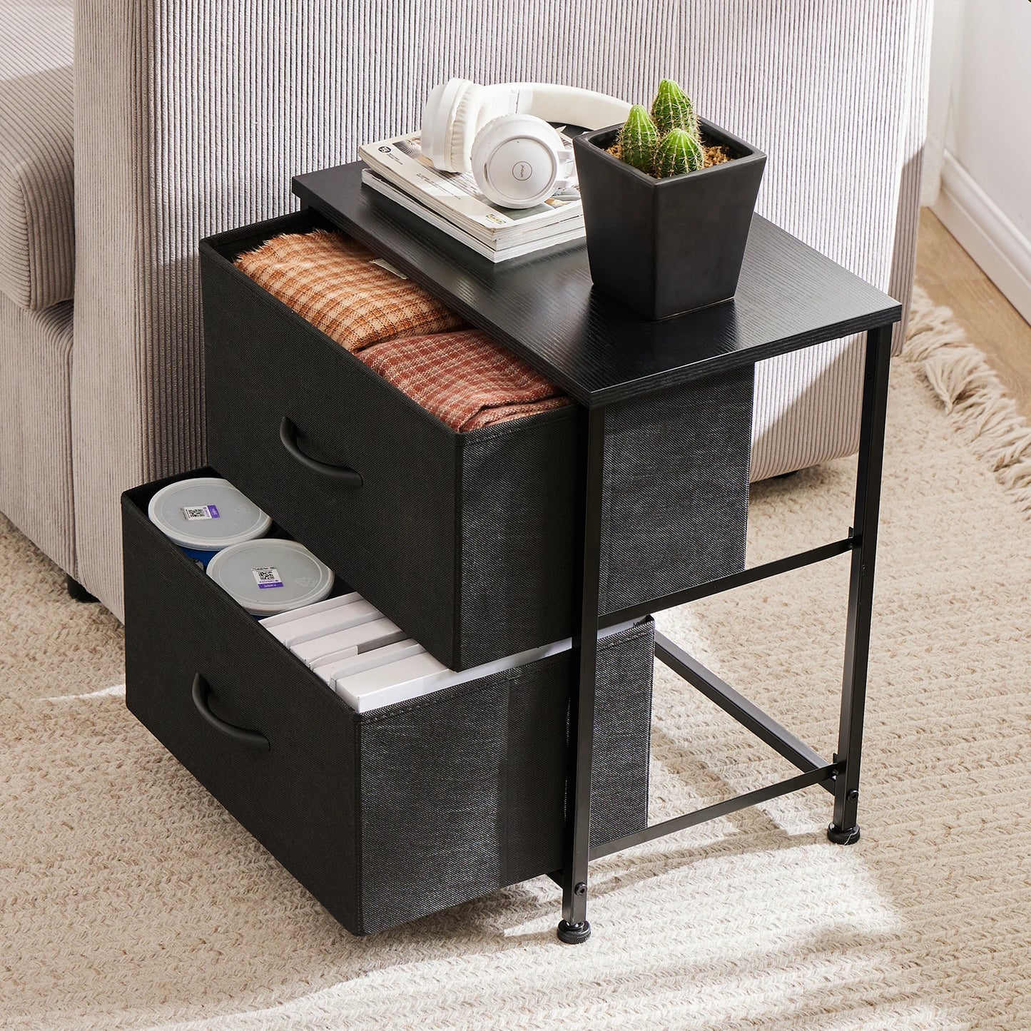 JHK Premium BedsideNightstand Table With 2 Durable Fabric Drawers StorageCabinet
