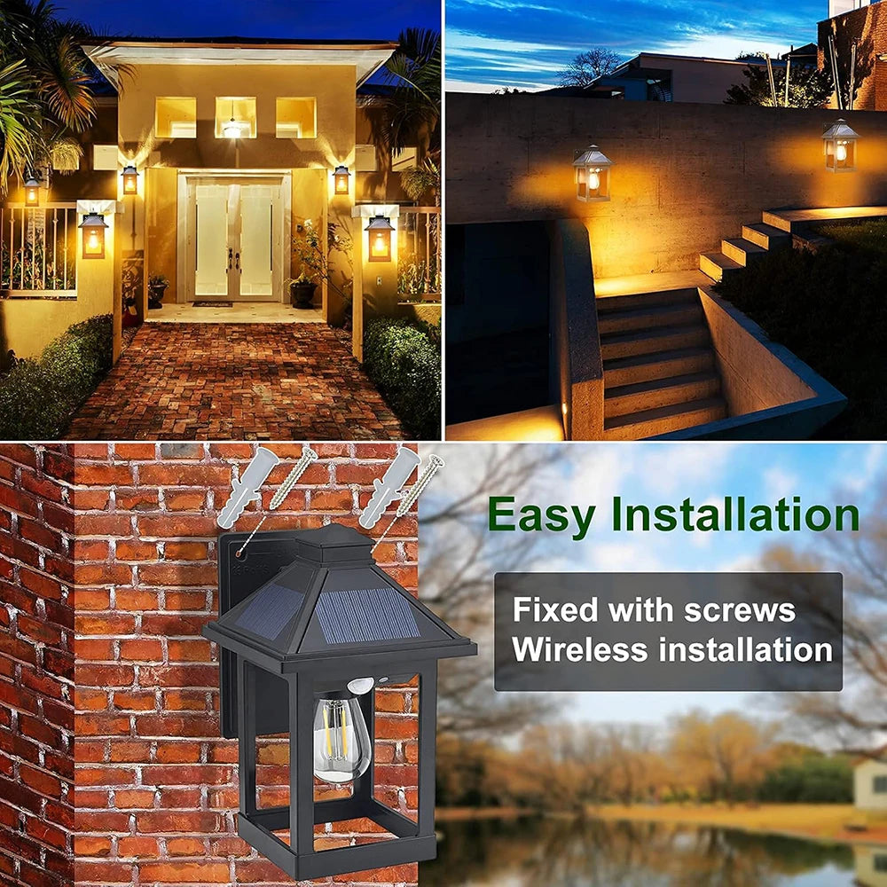 Solar Powered Wall Lanterns 2 Pack Motion Sensor Dusk To Dawn LED Sconce Lights For Exterior Front Porch