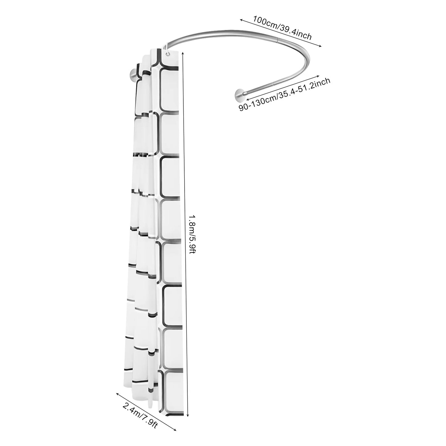 Extendable U Shaped Shower Curtain Rod Set Punch Free Bathroom Adjustable 0.9 to 1.3 m Includes Polyester Curtain