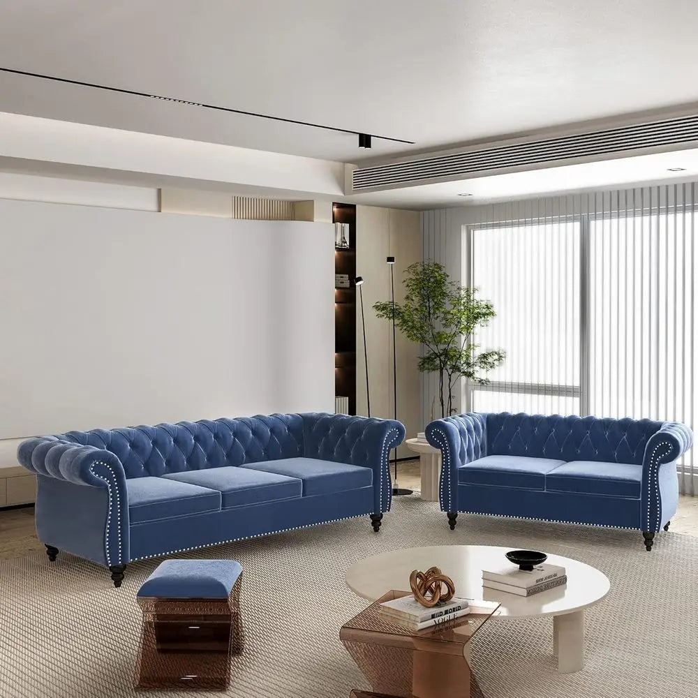 Elegant Scroll Arm Loveseat and Sofa Set for Living Room and Den With Chesterfield Button Tufting and Nailhead Accents