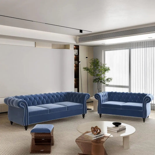 Elegant Scroll Arm Loveseat and Sofa Set for Living Room and Den With Chesterfield Button Tufting and Nailhead Accents