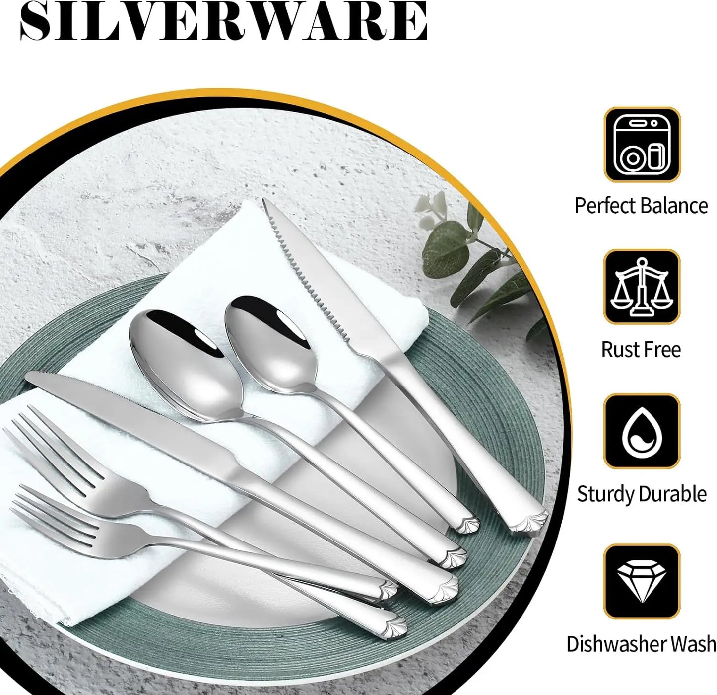 Stainless Steel Flatware Set For 12 With Mirror Polished Finish And Dishwasher Safe