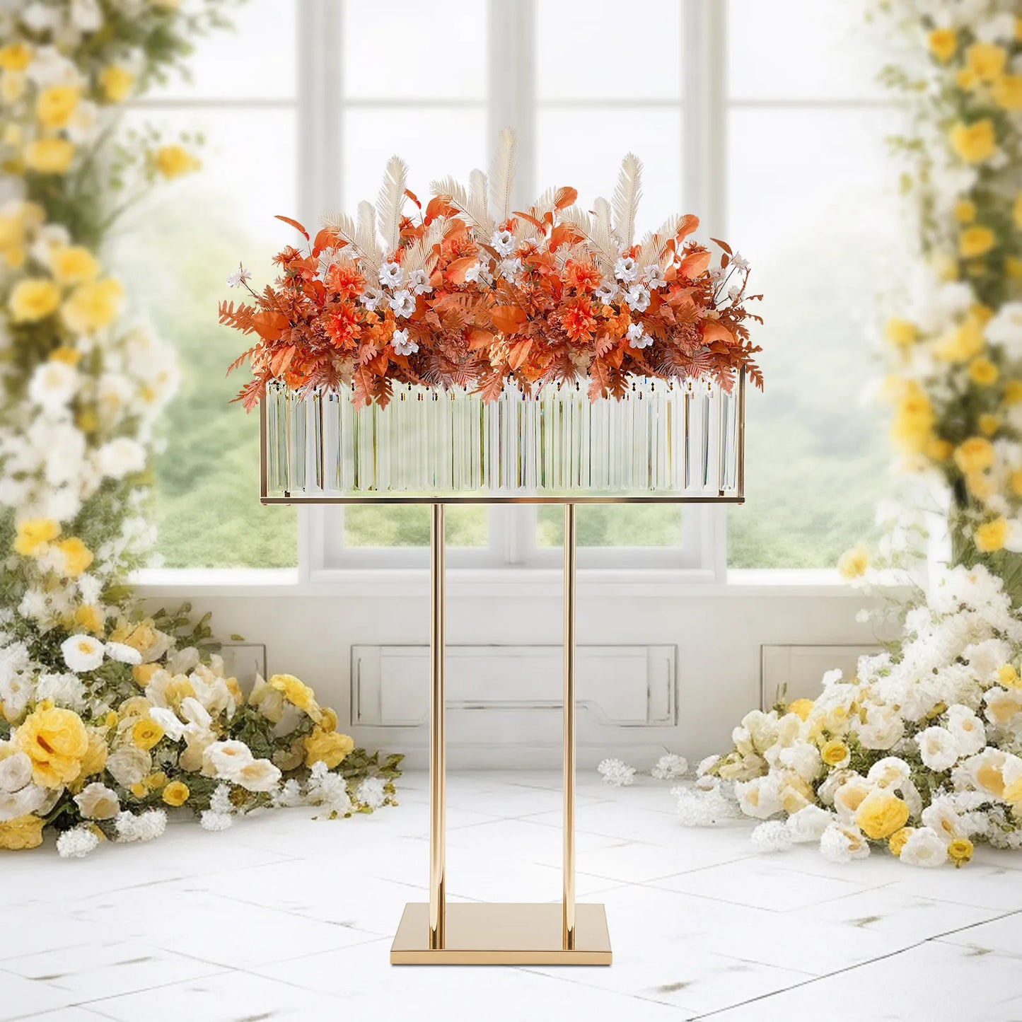Bymaocar Wedding Crystal Flower Stand with Golden Iron Frame and Crystal Pendants for Elegant Ceremony Decor