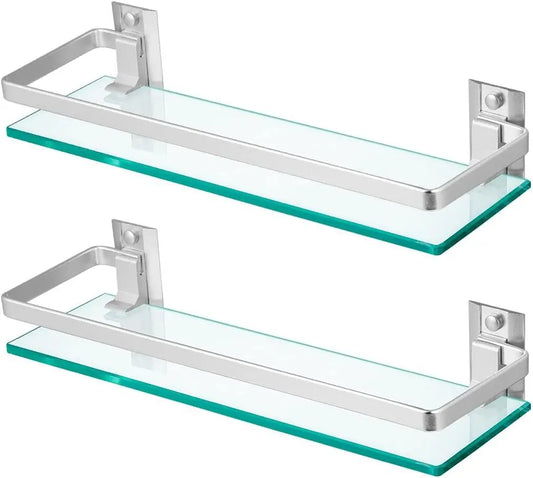 2-Pack Tempered Glass Bathroom Shelf with Rail, 15" x 4.5" Rectangular Shower Caddy, Wall Mounted Floating Shampoo Holder for La