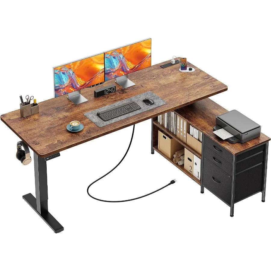 Standing Desk With Outlets Storage Cabinet Shelves And Drawers For Home Office