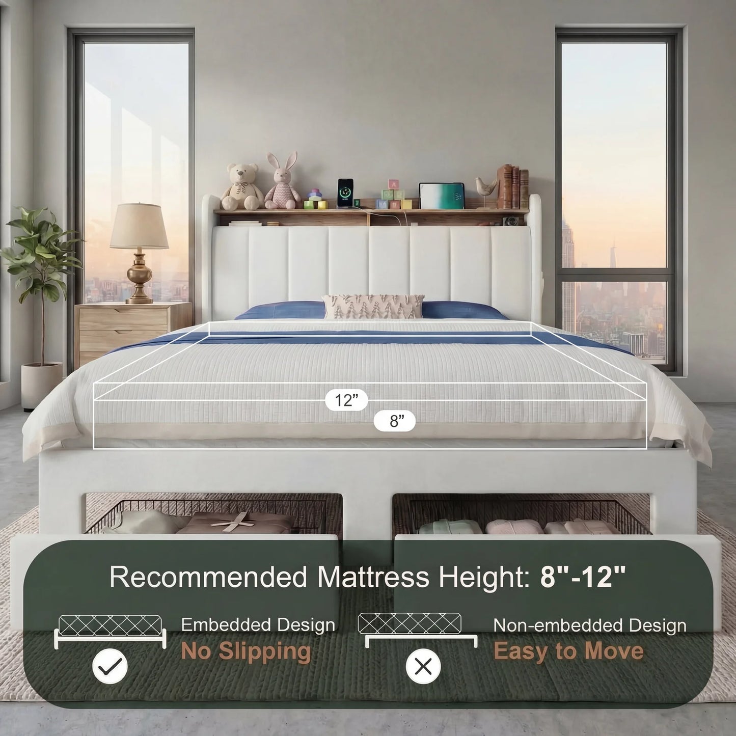 Hoomic Bed Frame With LED Lights And Charging Station Two Storage Drawers And Headboard Shelves