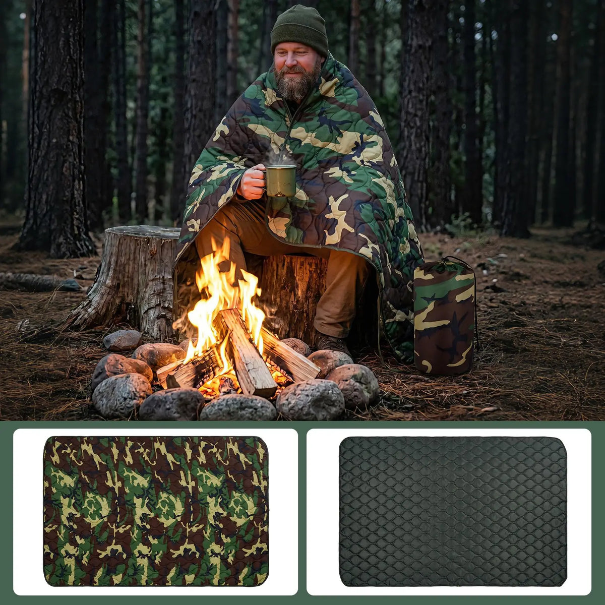 Portable Quilted Camping Blanket Green Camo Survival Poncho Liner】【。