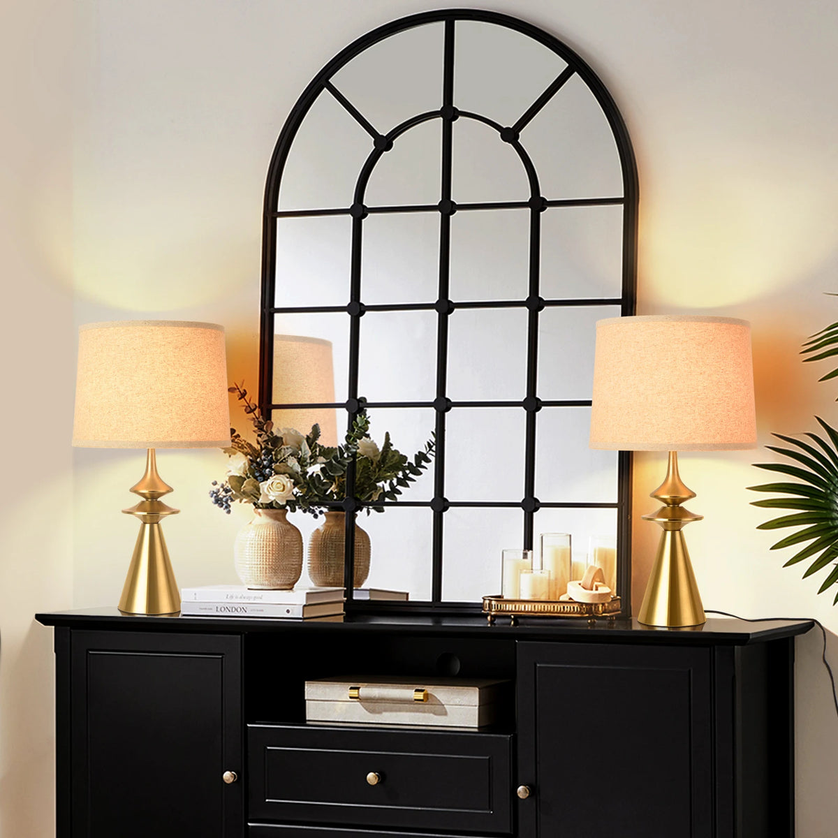 24 Inch Modern Gold Metal Table Lamp With White Fabric Shade For Bedroom and Living Room