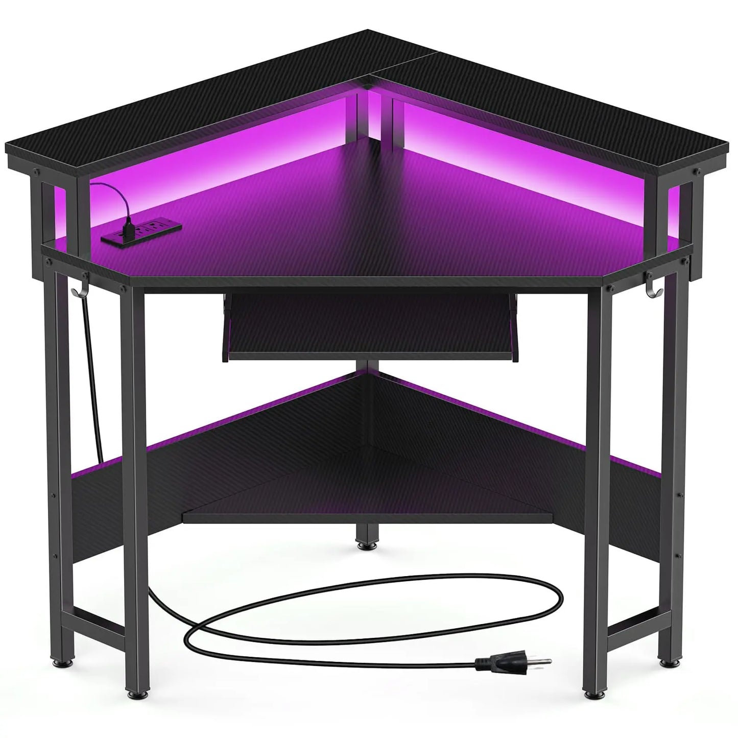 JHK Corner Desk Office Computer Desk for Small Space with LED Lights Gaming Table with Storage Shelves Power Outlets For Home