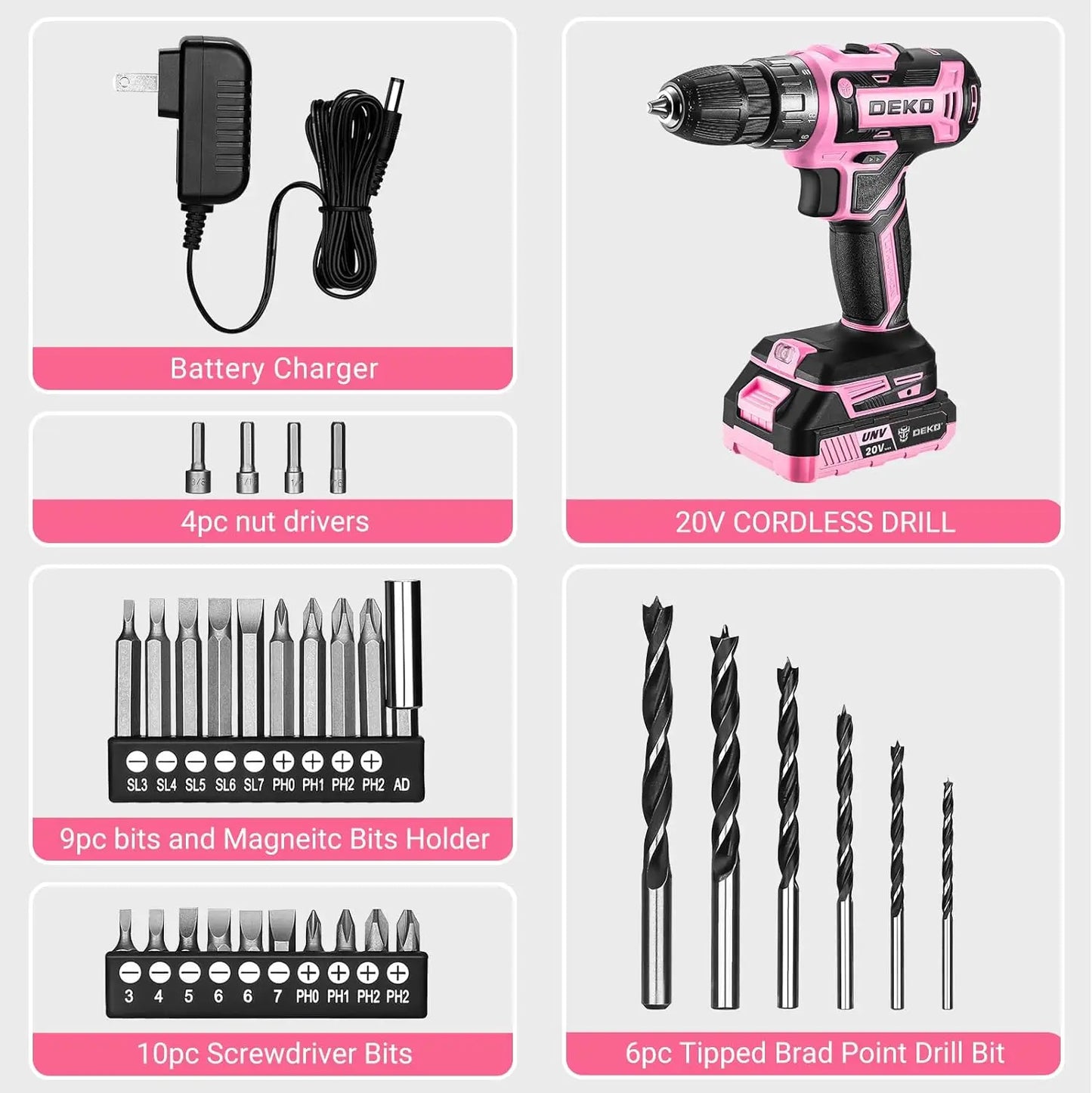 Deko 20V Cordless Drill Set With Variable Speed 0-1350 RPM