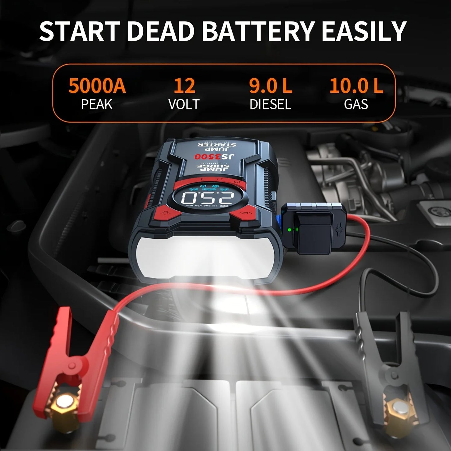 5 In 1 Jump Starter And Air Pump With Digital Tire Inflator For Cars And SUVs Portable Emergency Kit