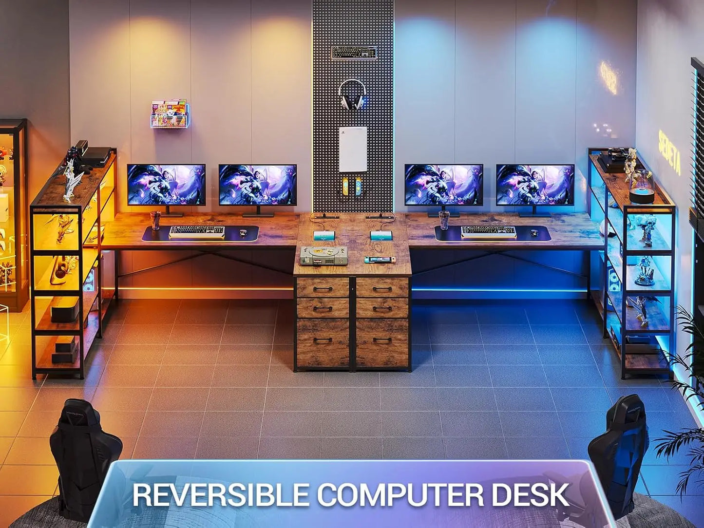 Reversible U-Shaped Office Desk with Storage, Drawers, Power Outlet & LED Lights for Gaming and Home Office