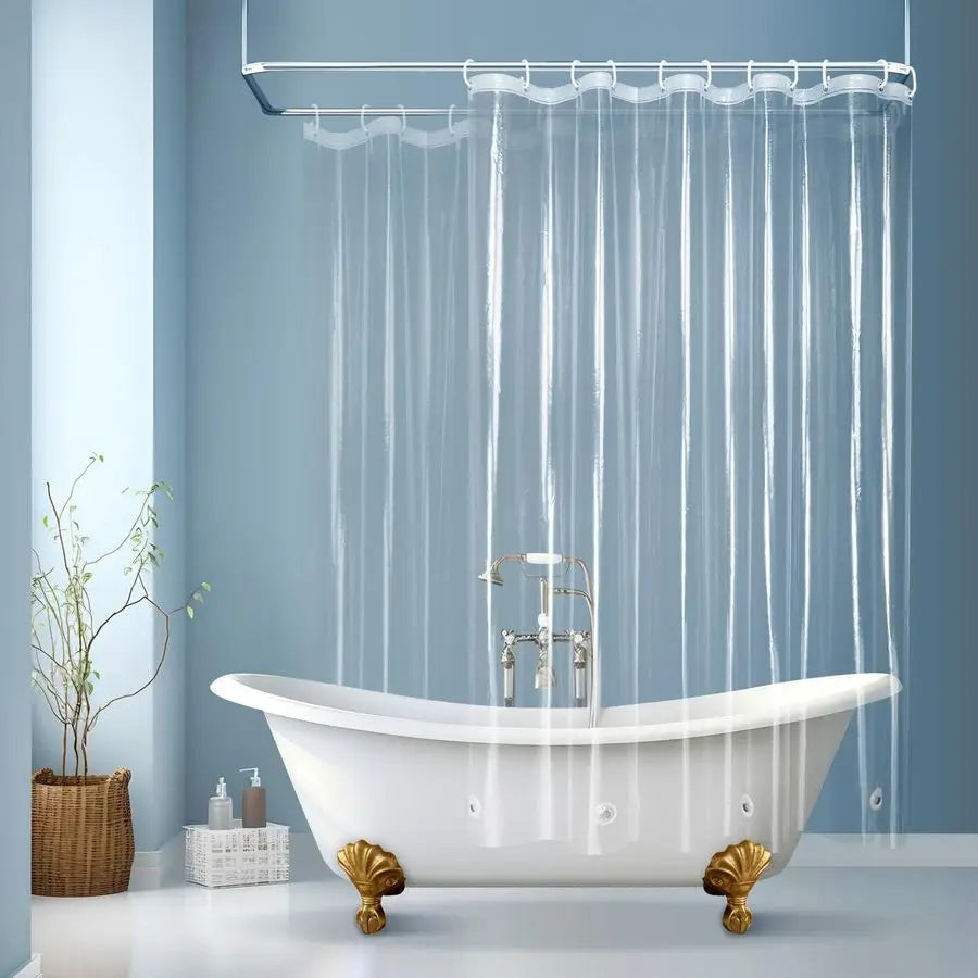 Clawfoot Tub Clear Shower Curtain Encloses Three Sides Water Resistant PEVA 180 By 70 Inches With Free Hooks Included