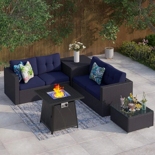 Patio Conversation Furniture Set PE Rattan With Fire Pit Table