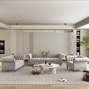 DAFIFY Velvet Chesterfield Living Room Set With Nailhead Three Piece Sofa Loveseat Chair