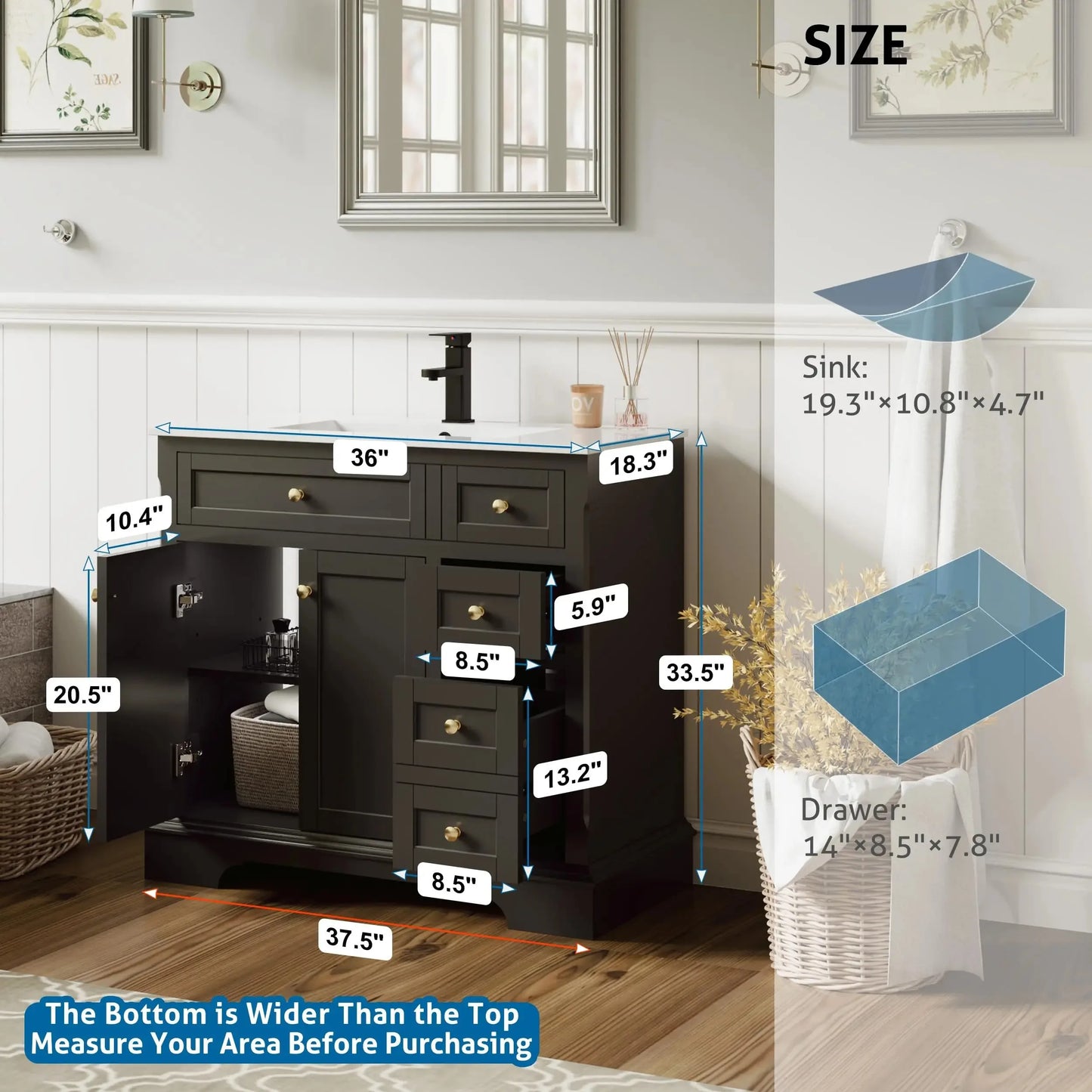 24" 30" 36" Painted Surface Raised Arch Feet Soft Closing Doors Vintage Bathroom Vanity Storage Cabinet with Sink