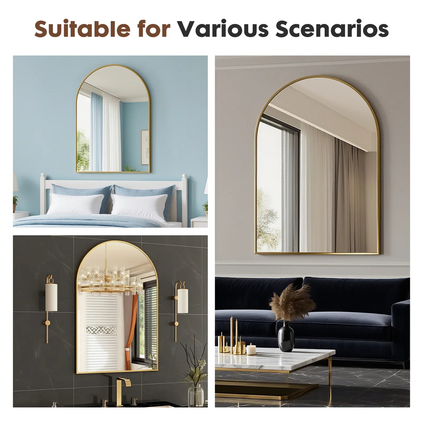 JHK Arched Metal Framed Bathroom Mirror With Architectural Shatterproof Glass For Crystal Clear Reflections