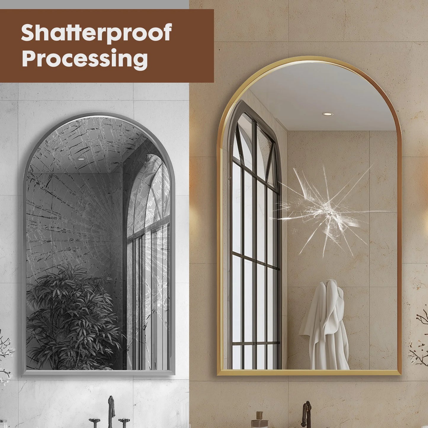JHK Arched Metal Framed Bathroom Mirror With Architectural Shatterproof Glass For Crystal Clear Reflections