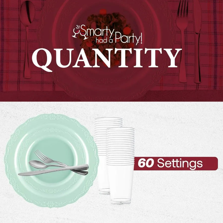 360 Piece Turquoise Plastic Dinnerware Set for 60 Guests, Includes Plastic Plates, Silverware Set, Clear Cups, Disposable Plates