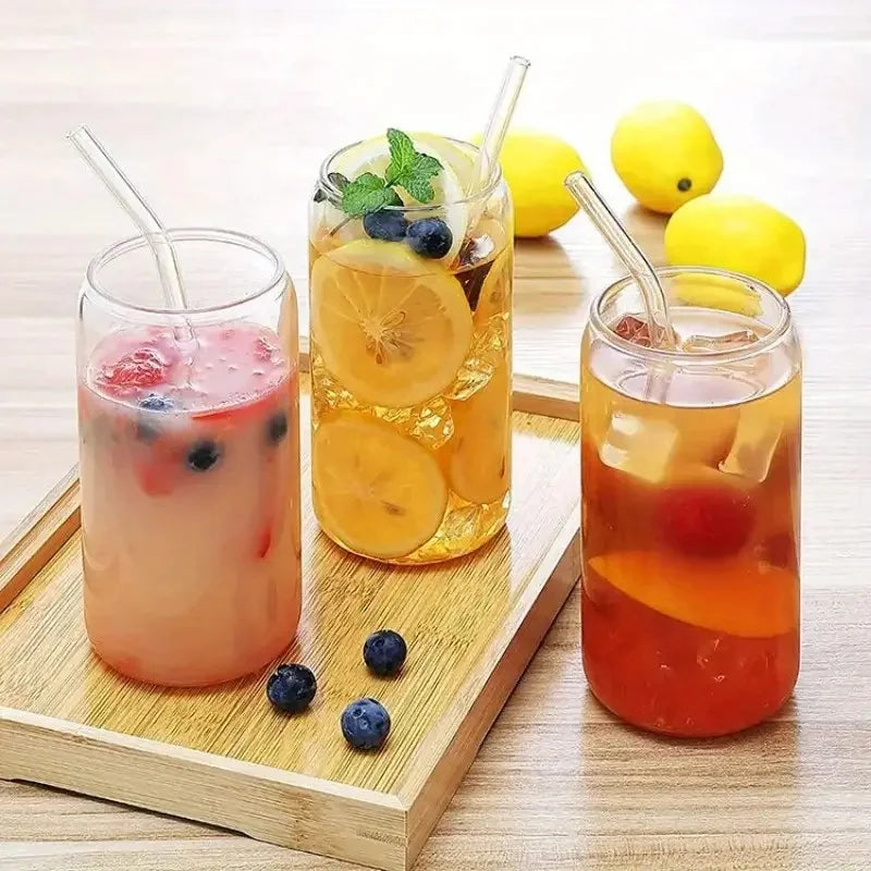 Drinking Glass Set With Bamboo Lids And Glass Straws 6 Piece 18.6 Oz Capacity For Everyday Use