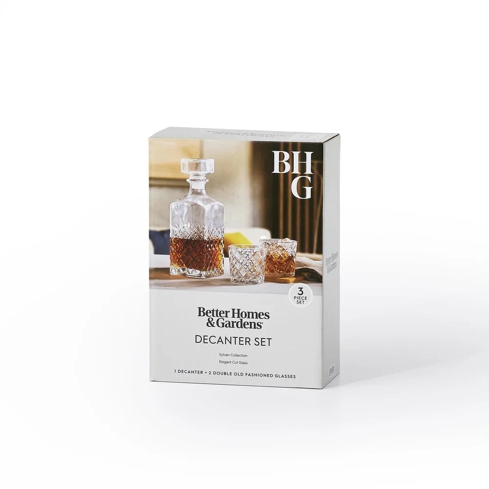 Diamond Cut Clear Glass Decanter Set With Old Fashioned Glasses 3 Pack Durable Dishwasher Safe