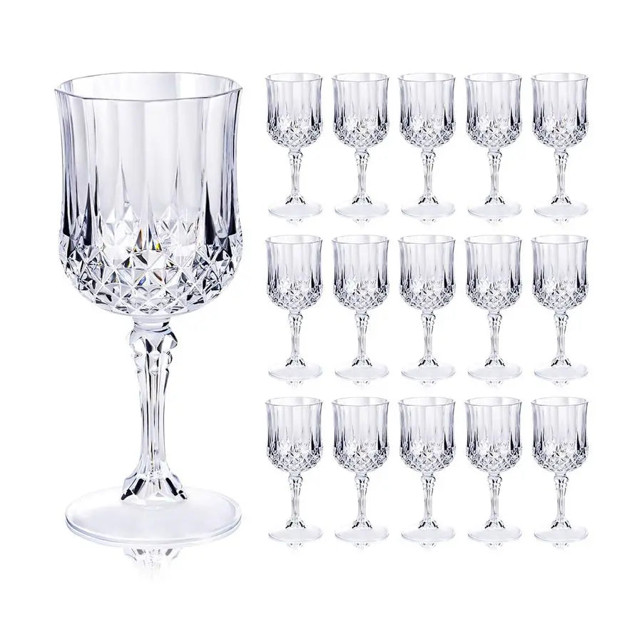 Plastic Wine Glasses 24 Piece Set Disposable Stemmed Goblets With Crystal Like Diamond Pattern 7 Oz
