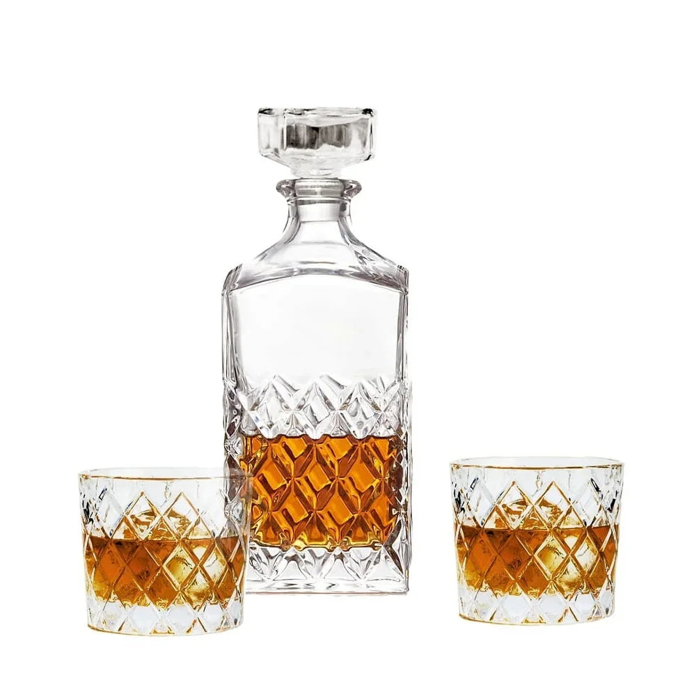 Diamond Cut Clear Glass Decanter Set With Old Fashioned Glasses 3 Pack Durable Dishwasher Safe