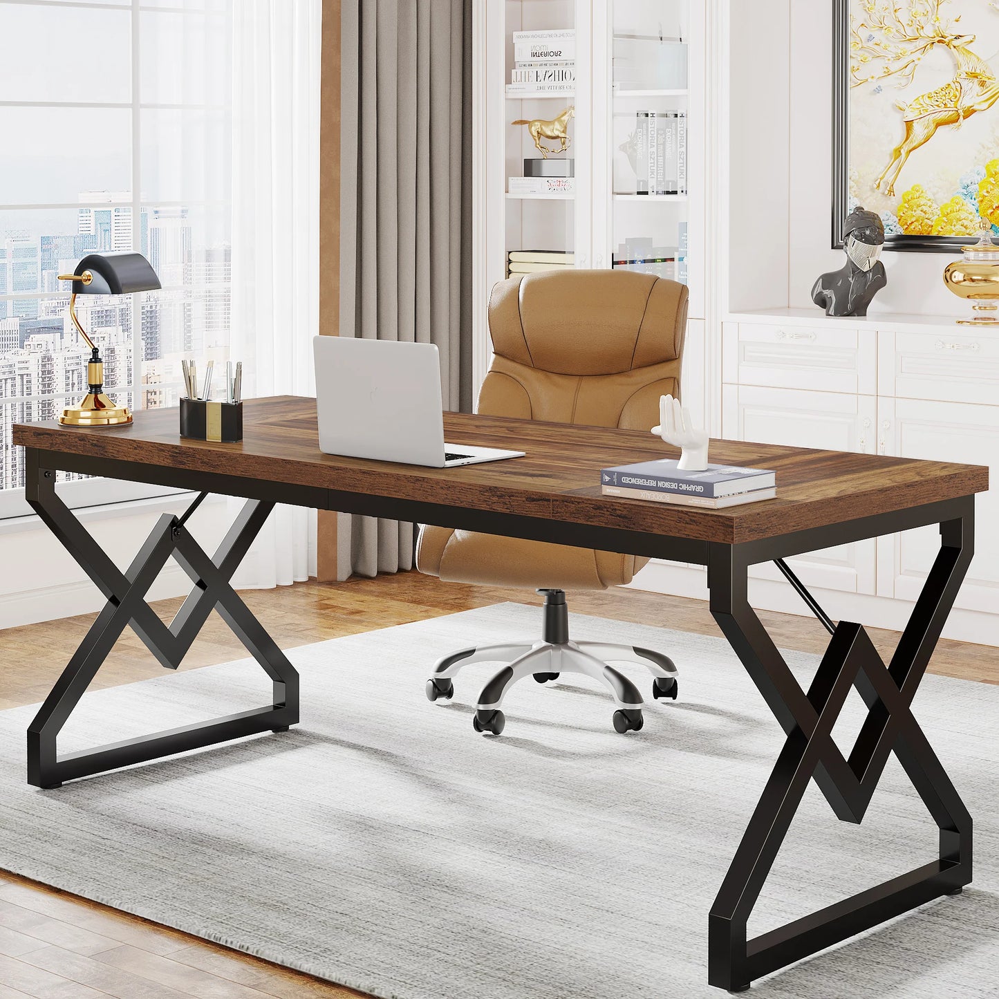Tribesigns Industrial Executive Desk With Thick Tabletop And Metal Frame 63 Inch Long Computer Desk