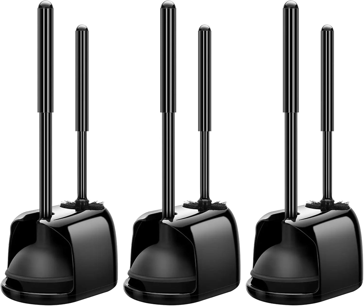 3-Pack Heavy Duty Toilet Brush and Plunger Set with Hidden Holder for Deep Bathroom Cleaning - Black