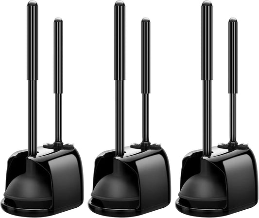 3-Pack Heavy Duty Toilet Brush and Plunger Set with Hidden Holder for Deep Bathroom Cleaning - Black