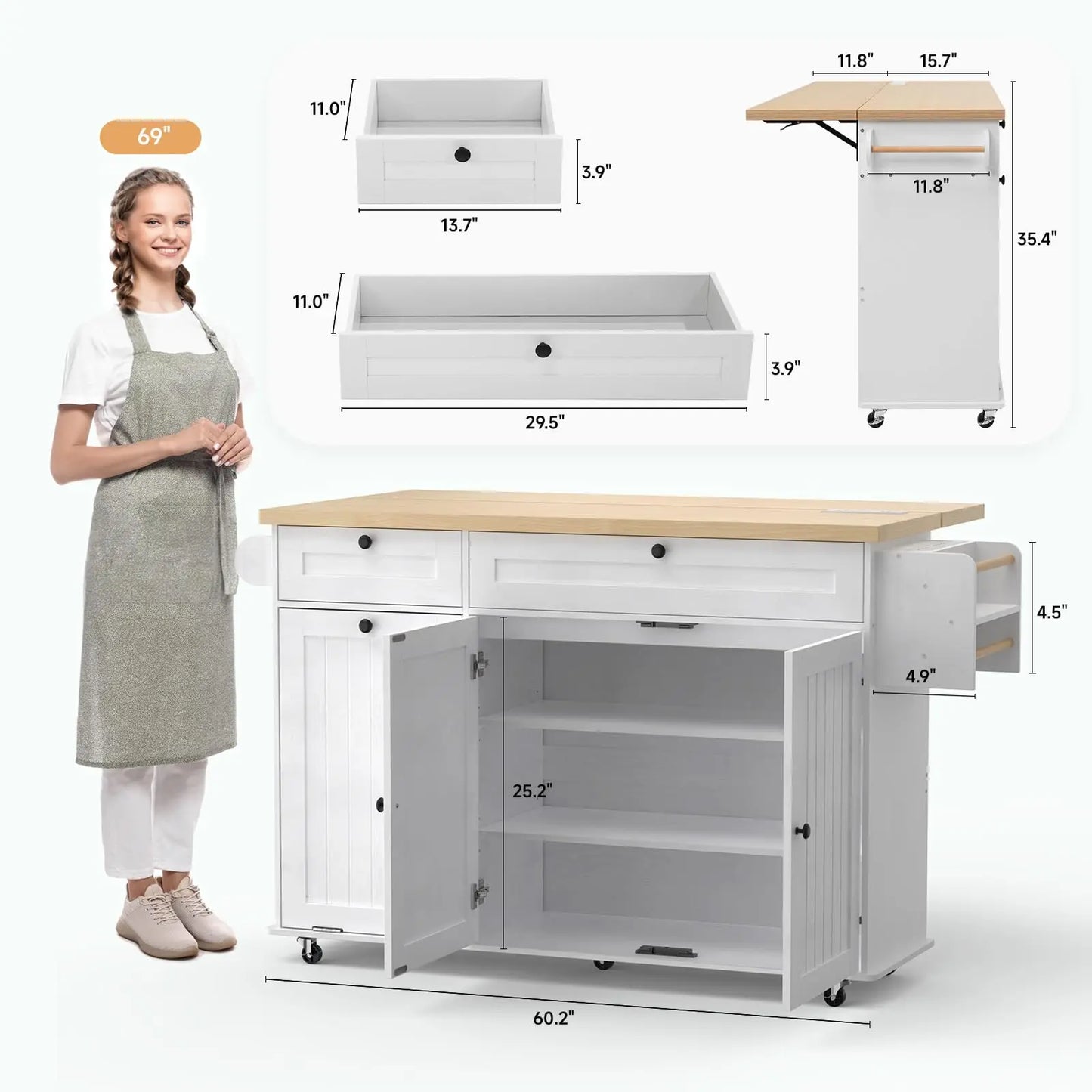 ONBRILL Mobile Kitchen Island Cart With Power Outlet SpiceRackWithTowelRackAndStorageDrawer