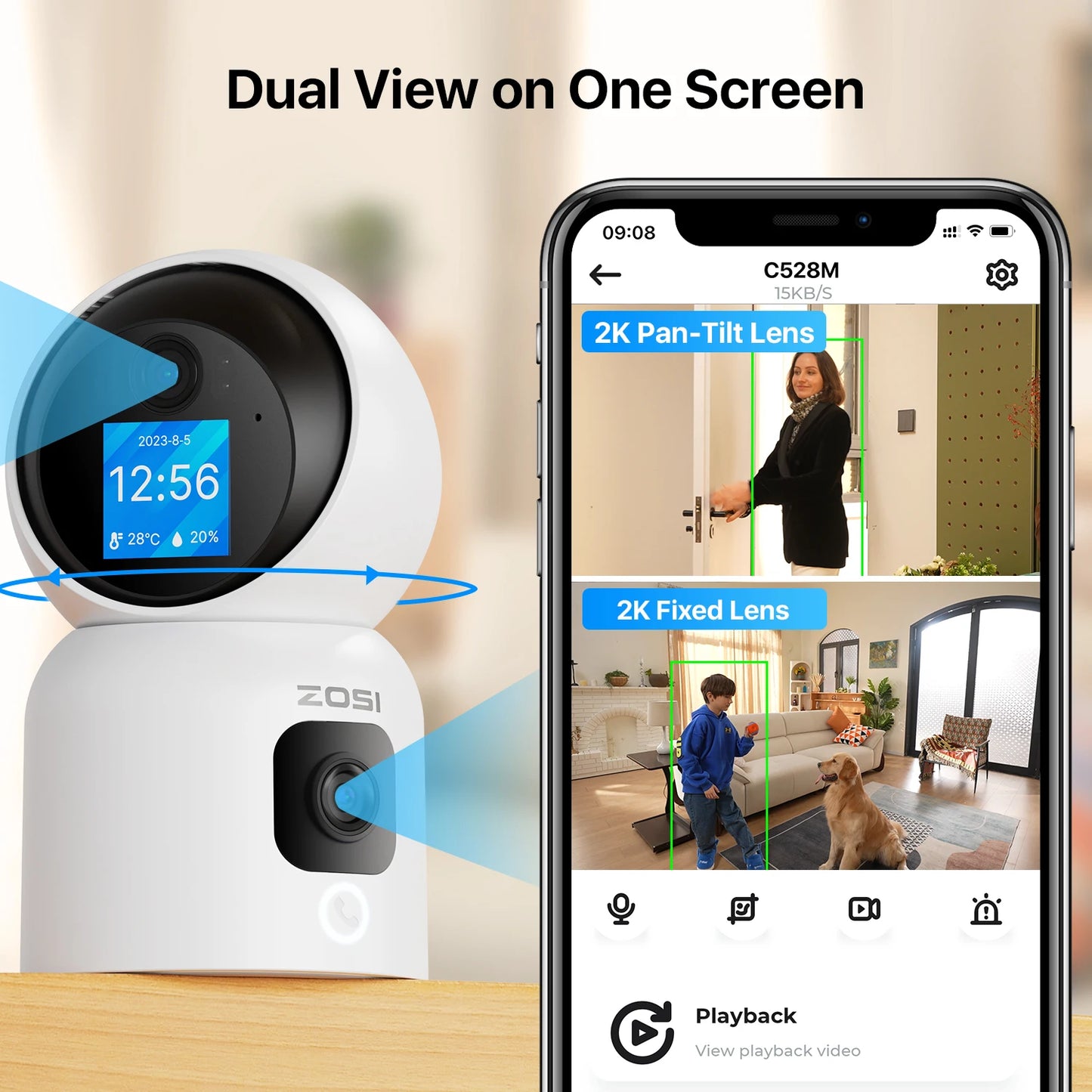 ZOSI 360 AI PTZ Security Camera With Auto Tracking Night Vision 2K Resolution Full 360 Degree Coverage