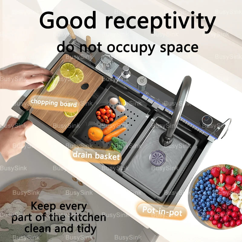 Stainless Steel Waterfall Kitchen Sink Digital Display Large Single Slot Dishwashing Sinks Overseas Warehouse Shipping