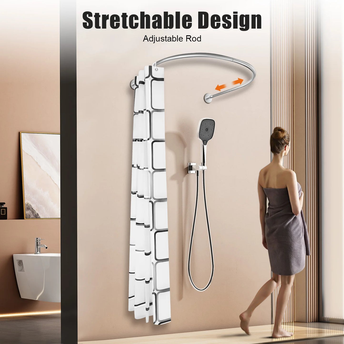 Extendable U Shaped Shower Curtain Rod Set Punch Free Bathroom Adjustable 0.9 to 1.3 m Includes Polyester Curtain