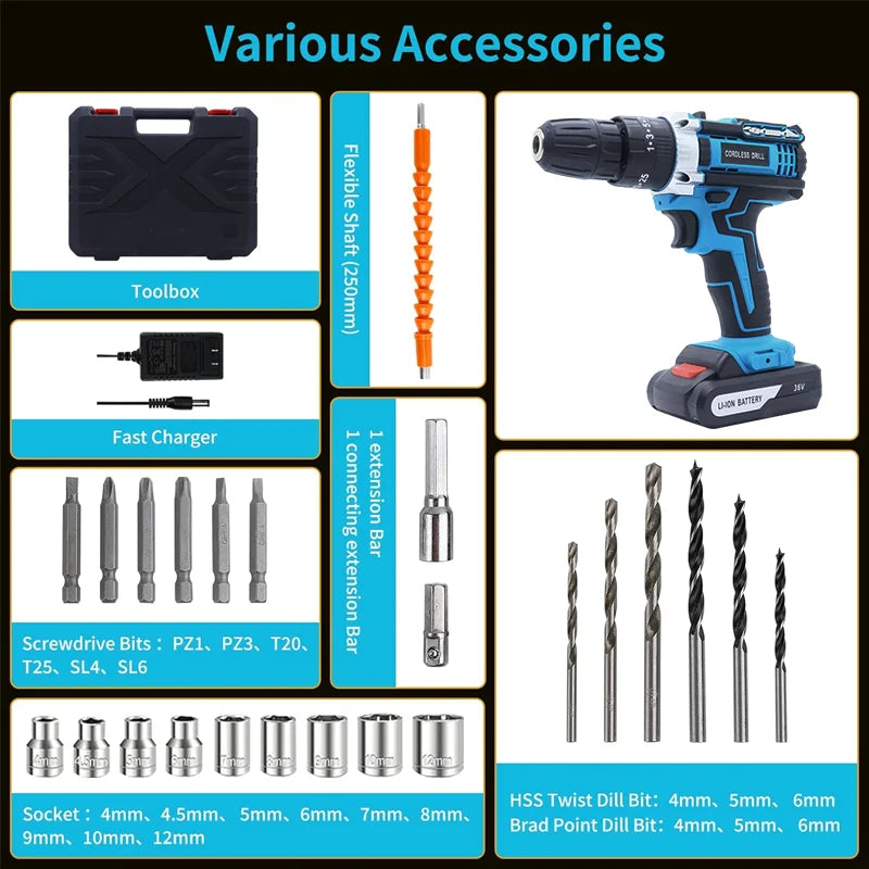 36VF Drill Combo Kit With 2 Batteries And Fast Charger