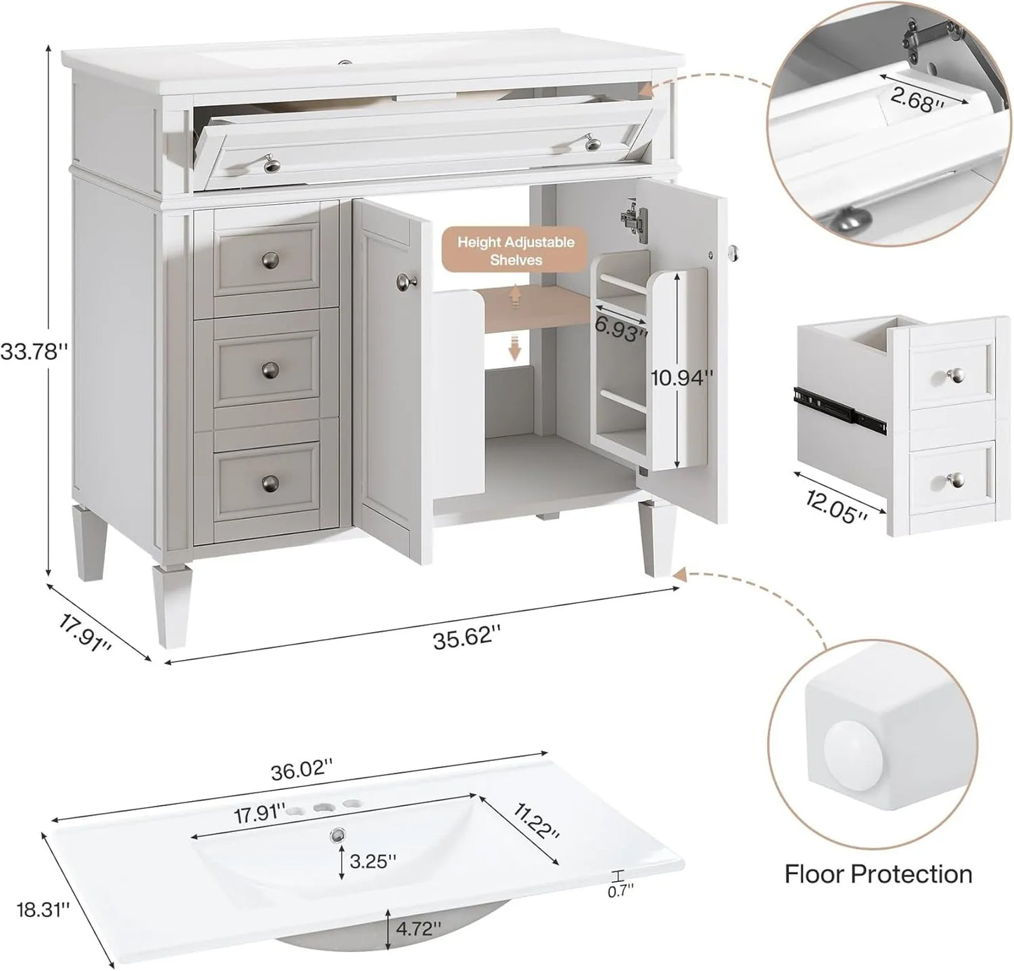 36" Bathroom Vanity with Sink with 4 Drawers & 2 Doors, Bathroom Sink Cabinet
