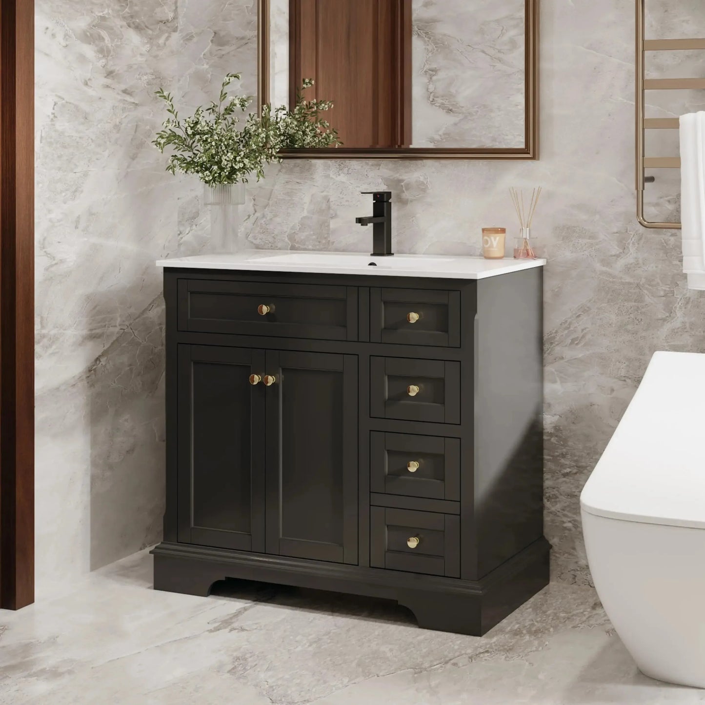 24" 30" 36" Painted Surface Raised Arch Feet Soft Closing Doors Vintage Bathroom Vanity Storage Cabinet with Sink